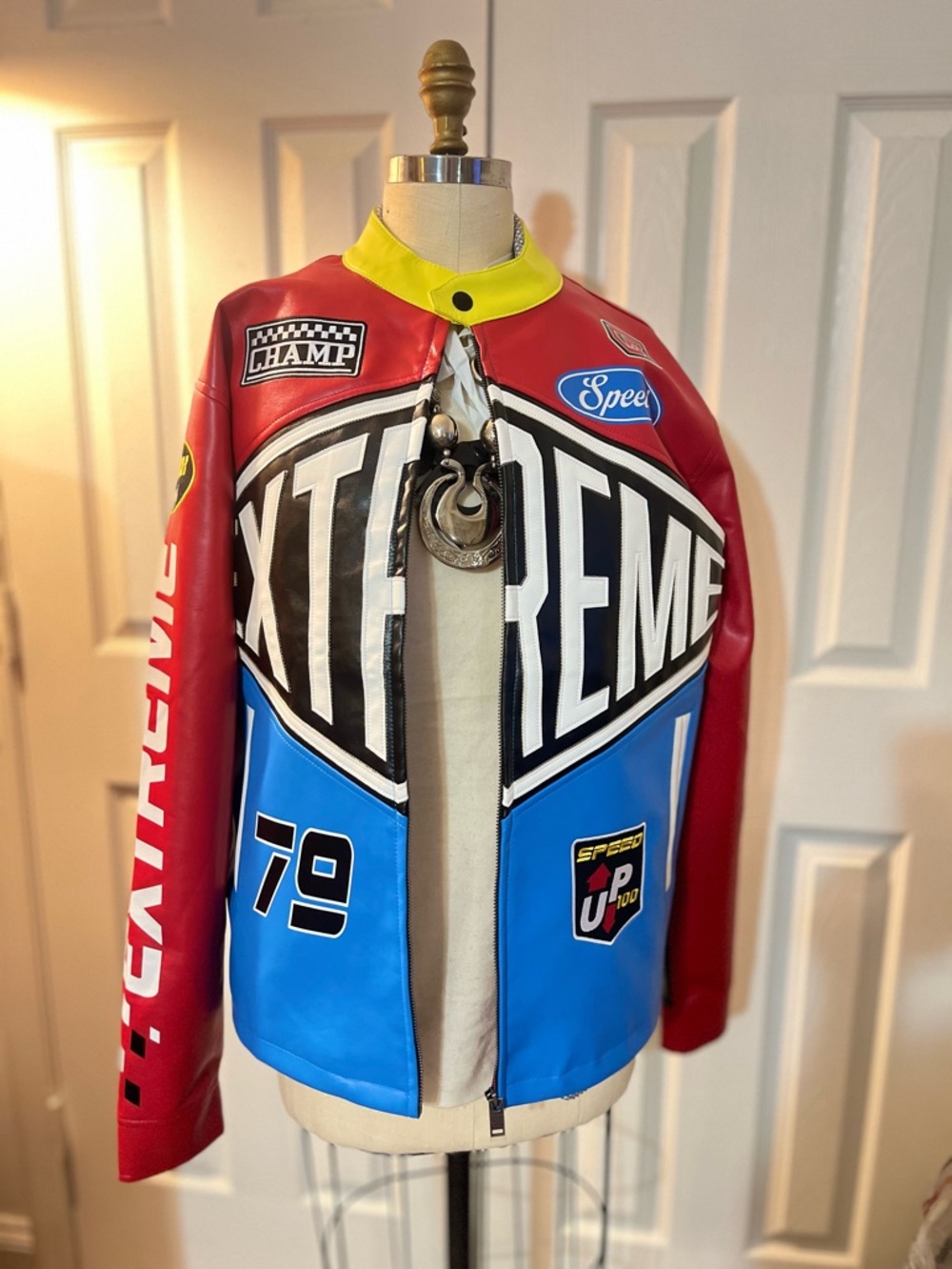 Patchwork Racing Jacket with Bold EXTREME Graphic - Red Blue Yellow White